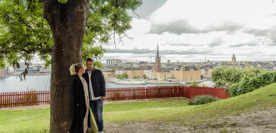 Par vid ett träd, i bakgrunden vy över Stockholm