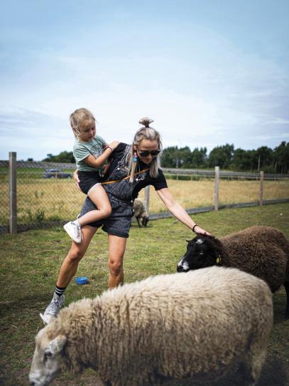 Person med barn klappar ett får.