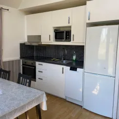 Interiör av loftstuga med köksdel med spis, mikrovågsugn, diskmaskin och kylskåp